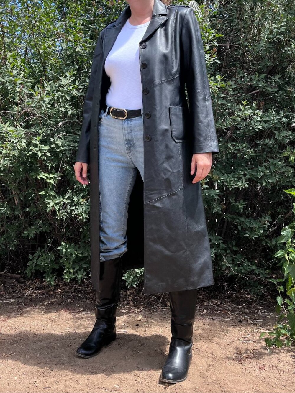 Vintage Women's Black Leather Duster Full Trench Coat Size 12 90s Grunge Gothic